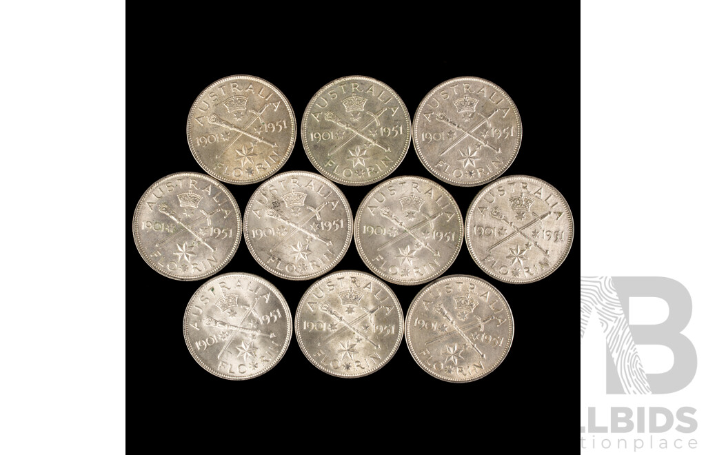 Ten Australian 1951 Silver Commemorative Florins .500