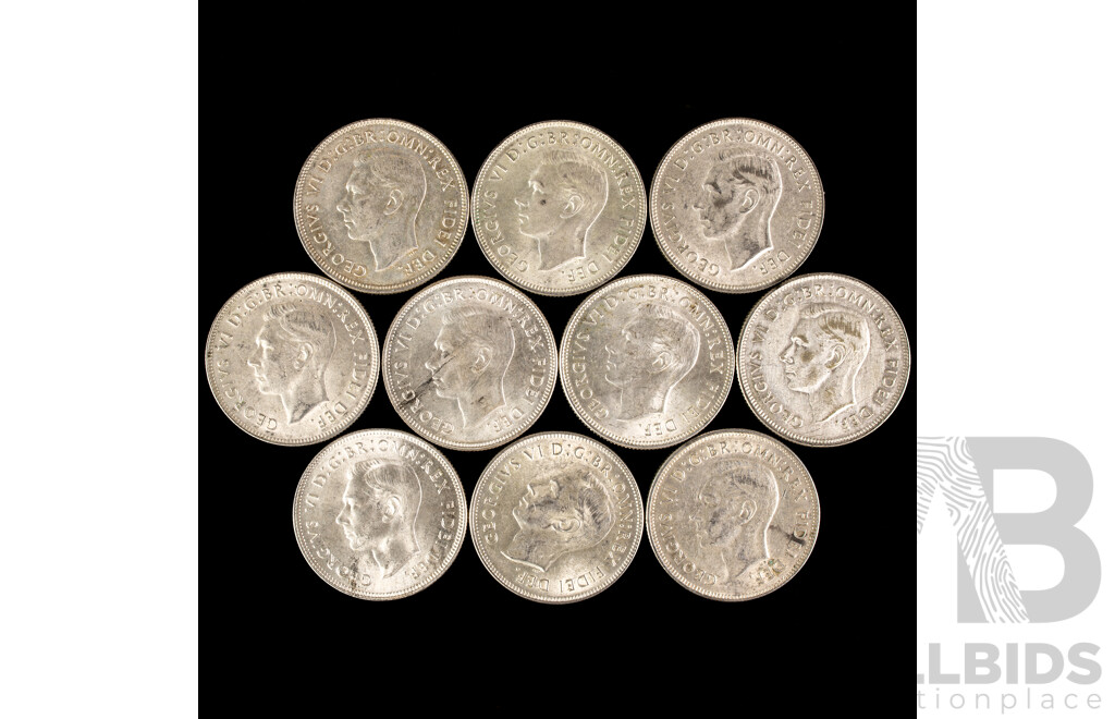Ten Australian 1951 Silver Commemorative Florins .500