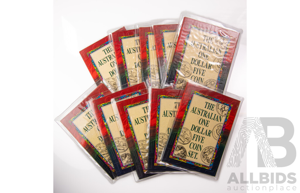 Ten Australian One Dollar Coin Sets, Including 1984 First Year Issue, 1985, 1986 Year of Peace, 1988 Aboriginal Kangaroo, 1992 Barcelona Olympics