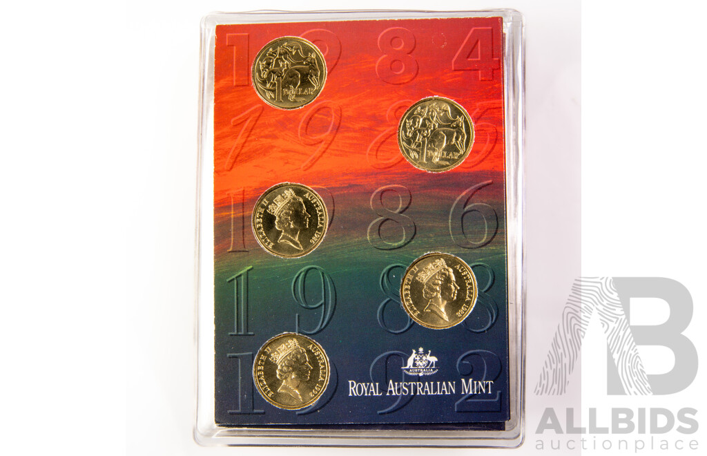 Ten Australian One Dollar Coin Sets, Including 1984 First Year Issue, 1985, 1986 Year of Peace, 1988 Aboriginal Kangaroo, 1992 Barcelona Olympics