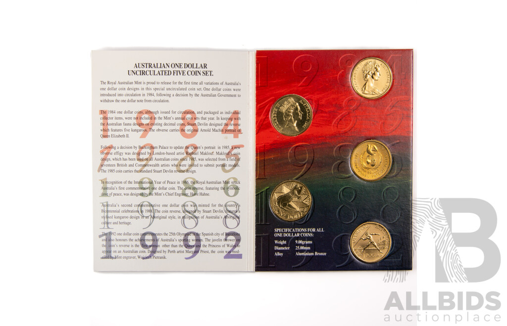 Ten Australian One Dollar Coin Sets, Including 1984 First Year Issue, 1985, 1986 Year of Peace, 1988 Aboriginal Kangaroo, 1992 Barcelona Olympics