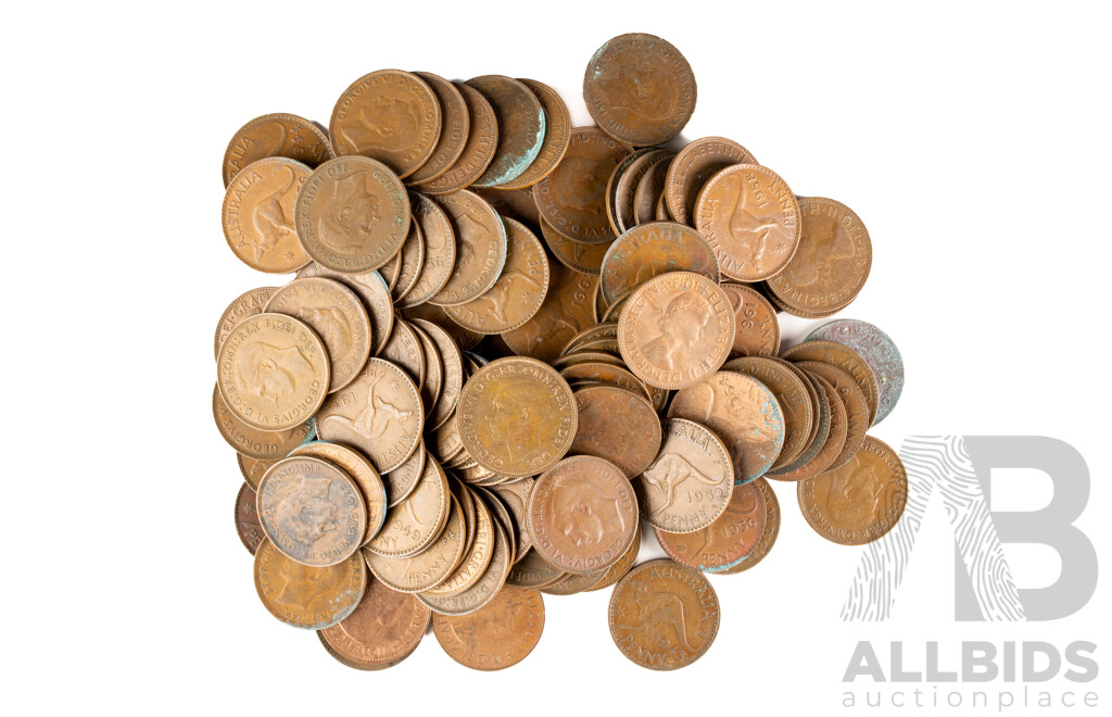 Collection of Australian KGVI and QE2 Pennies, Examples Spanning 1938 to 1964, Approximately 100