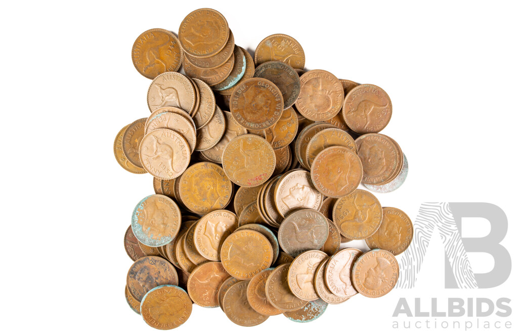 Collection of Australian KGVI and QE2 Pennies, Examples Spanning 1938 to 1964, Approximately 100