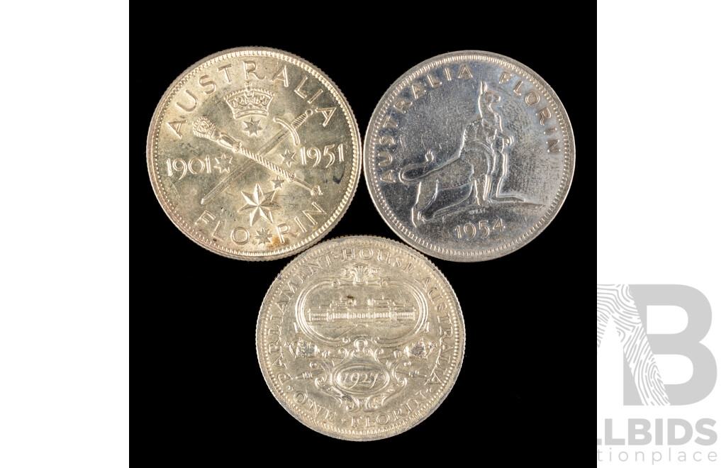 Three Australian Commemorative Silver Florins, 1927, 1951, 1954 .925 /.500