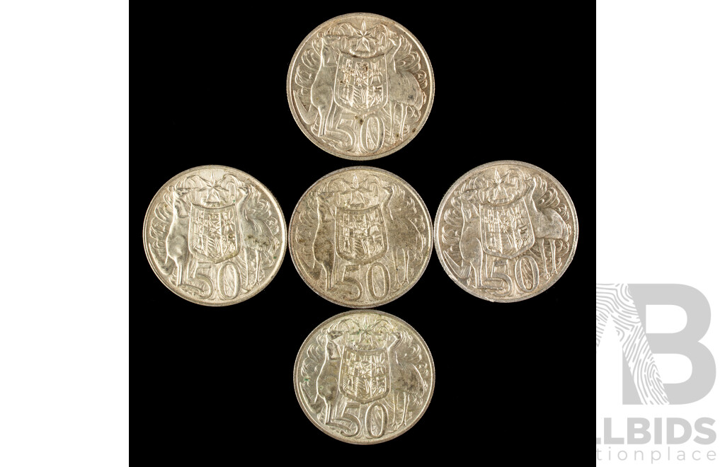 Five Australian 1966 Round Silver Fifty Cent Coins .800
