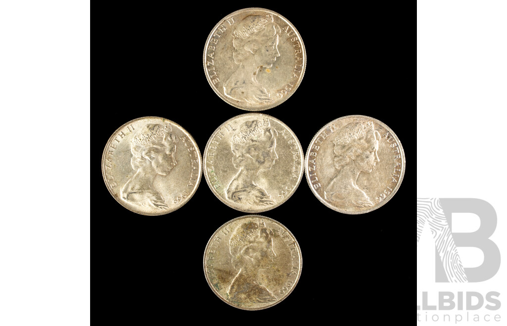 Five Australian 1966 Round Silver Fifty Cent Coins .800