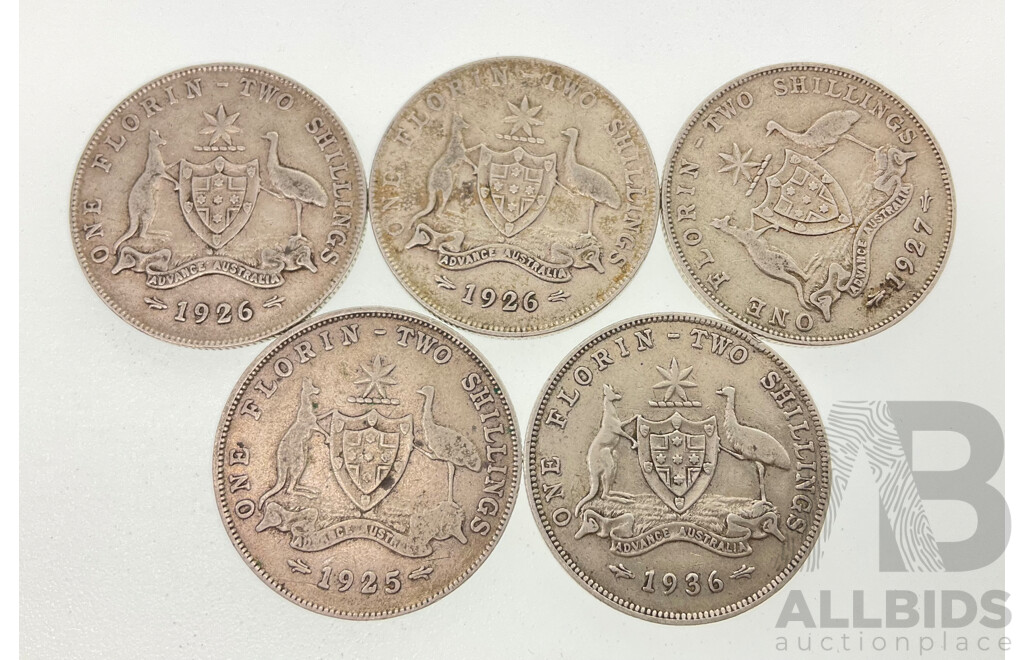 Five Australian KGV Silver Florins Including 1925, 1926(2) 1927, 1936  .925
