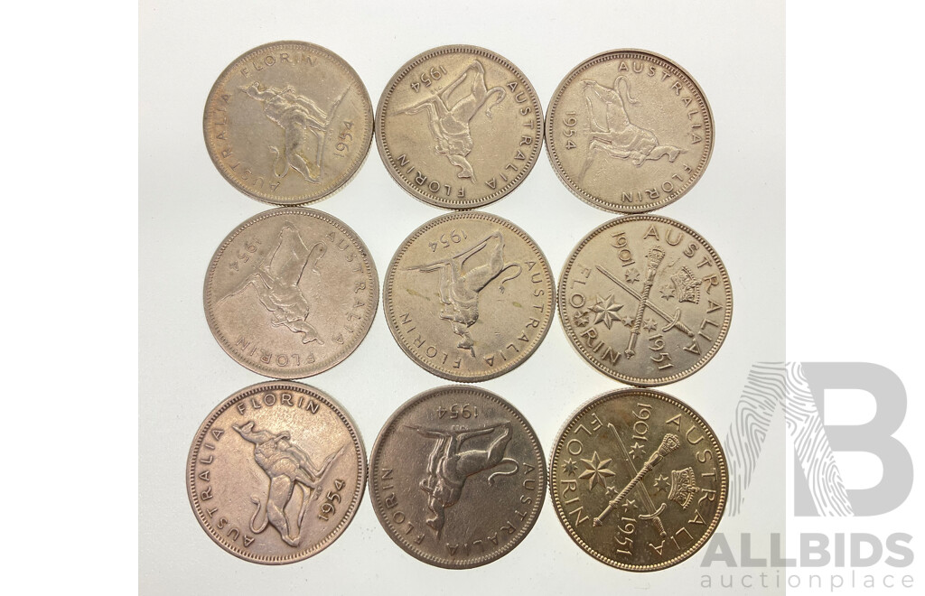 Nine Australian KGVI/QE2 Silver Florins, Commemorative 1951(2) 1954(7) .500