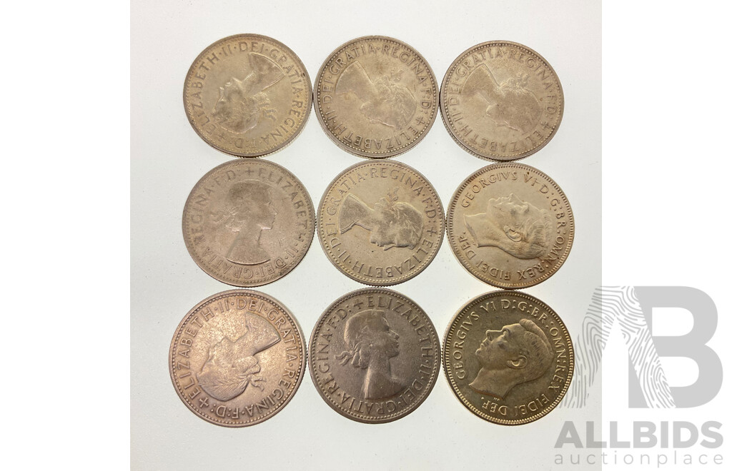 Nine Australian KGVI/QE2 Silver Florins, Commemorative 1951(2) 1954(7) .500