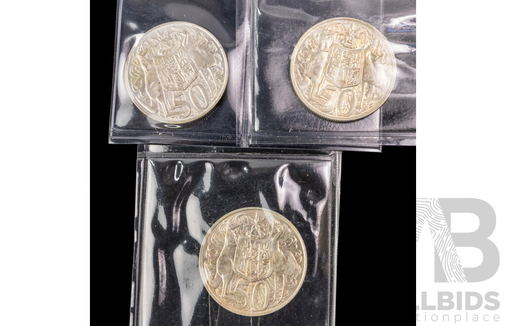 Three Australian 1966 Round Silver Fifty Cent Coins .800