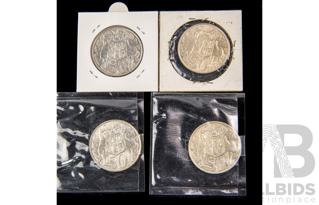 Four Australian 1966 Round Silver Fifty Cent Coins .800