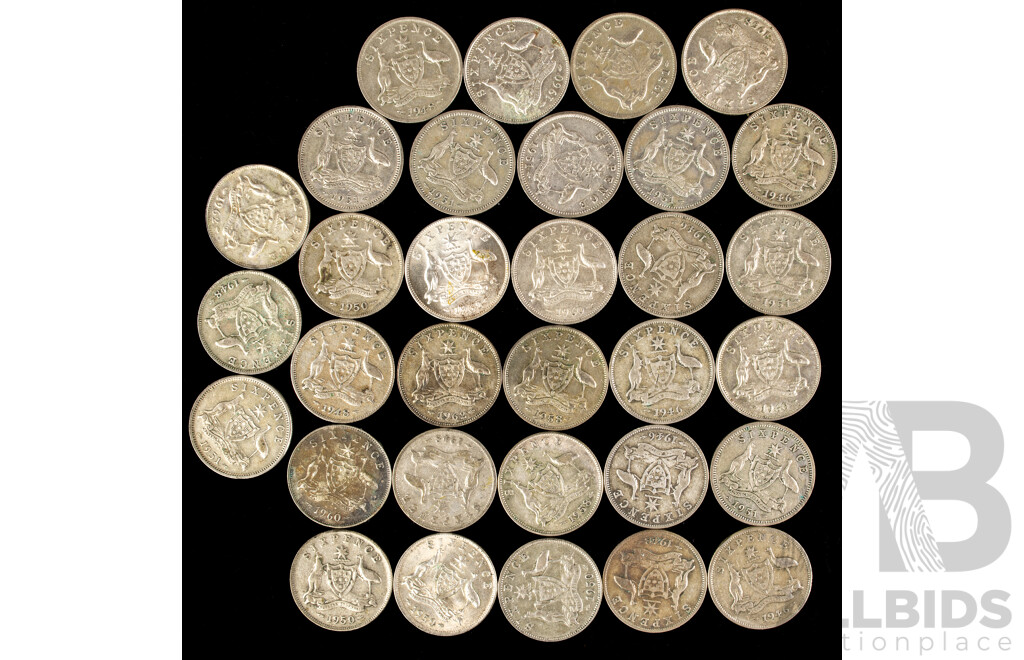 Thirty Two Australian Silver KGVI/QE2 Sixpence Coins, Examples Spanning 1946 to 1962  .500