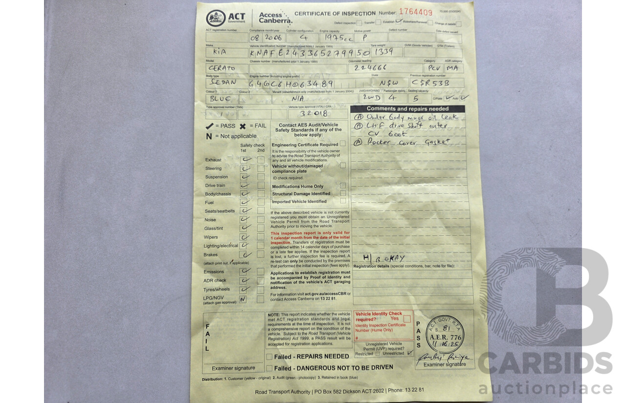 8/2006 Kia Cerato  LD 4d Sedan Blue 2.0L
