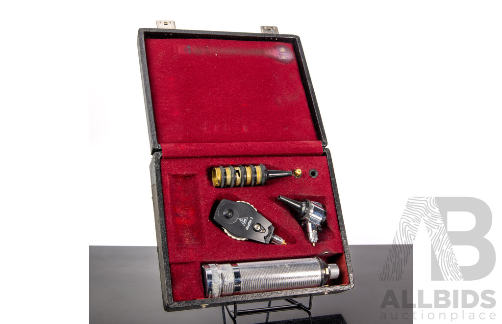 Vintage German Heine Ophthalmoscope with Various Attachments Including Miroflex 2
