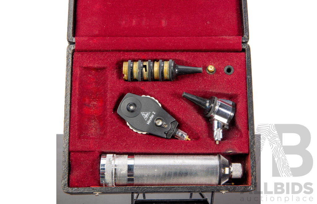 Vintage German Heine Ophthalmoscope with Various Attachments Including Miroflex 2
