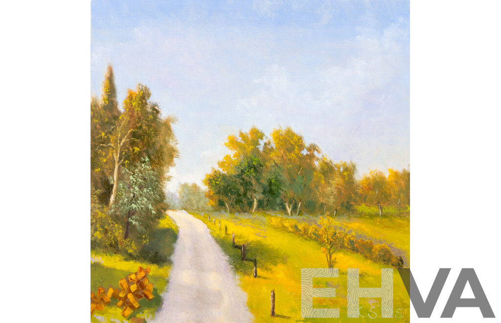 Lazo Stankovic, (20th Century, Australian), Strathnairn Path to Woolshed, Wonderful Original Oil on Canvas, 40 x 40 cm