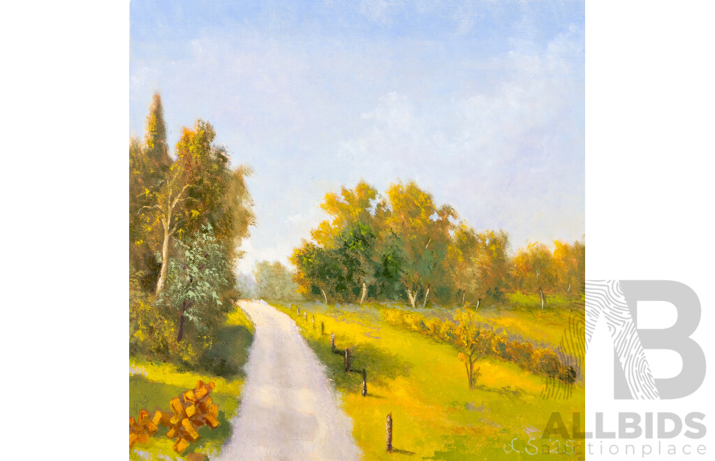 Lazo Stankovic, (20th Century, Australian), Strathnairn Path to Woolshed, Wonderful Original Oil on Canvas, 40 x 40 cm