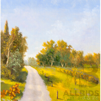 Lazo Stankovic, (20th Century, Australian), Strathnairn Path to Woolshed, Wonderful Original Oil on Canvas, 40 x 40 cm