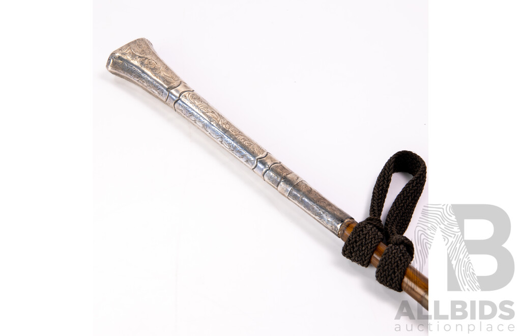 Antique English Parasole with Sterling Silver Handle with Engraved Detail, London 1913