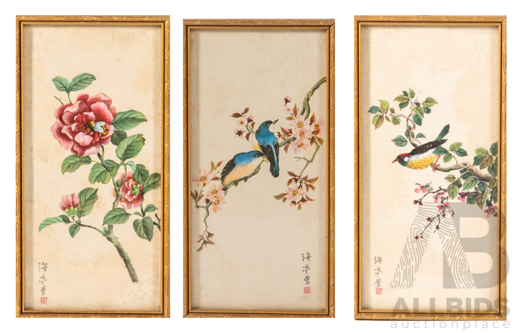 Trio of Lovely Vintage Chinese Miniatures, Bee Gathering Pollen; Bluebirds on Blossoms & Yellow-Breasted Sparrow Perched, Colour Ink Print to Textured Canvas, 21 x 10 cm (frames) (3)