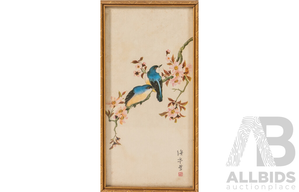 Trio of Lovely Vintage Chinese Miniatures, Bee Gathering Pollen; Bluebirds on Blossoms & Yellow-Breasted Sparrow Perched, Colour Ink Print to Textured Canvas, 21 x 10 cm (frames) (3)