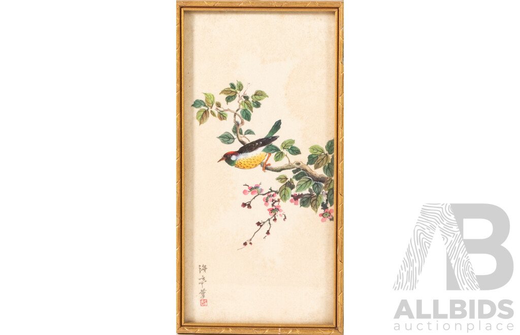 Trio of Lovely Vintage Chinese Miniatures, Bee Gathering Pollen; Bluebirds on Blossoms & Yellow-Breasted Sparrow Perched, Colour Ink Print to Textured Canvas, 21 x 10 cm (frames) (3)