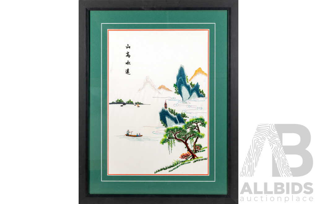 Artists Unknown (20th Century, Japanese School), Solo Fishing & Mountain High, Pair of Wonderful Nihon Shishu Silk Thread on Silk Cloth Panels, 69 x 54 cm (frames) (2)