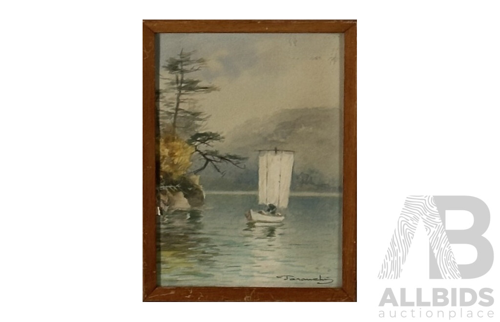 Janauch (20th Century), Solitary Sail on Tranquil Waters, Original Vintage Watercolour, 25 x 18 cm (frame)