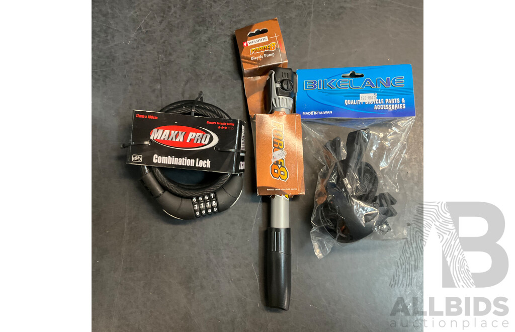 Maxx Pro Combination Lock & BIKELANE Toe Clip/Strap Pedal L & Froce 8 Bicycle Pump - Lot of 3