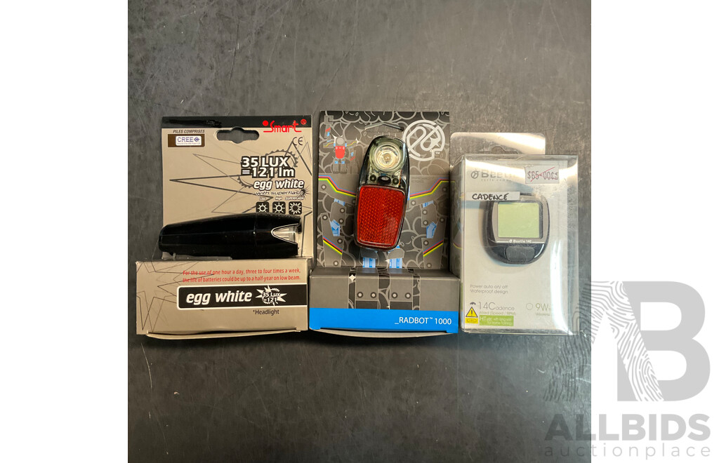 Smart Egg White Head Light & Radbot 100 Light & Beetle 14C Cycle Computer - Lot of 3
