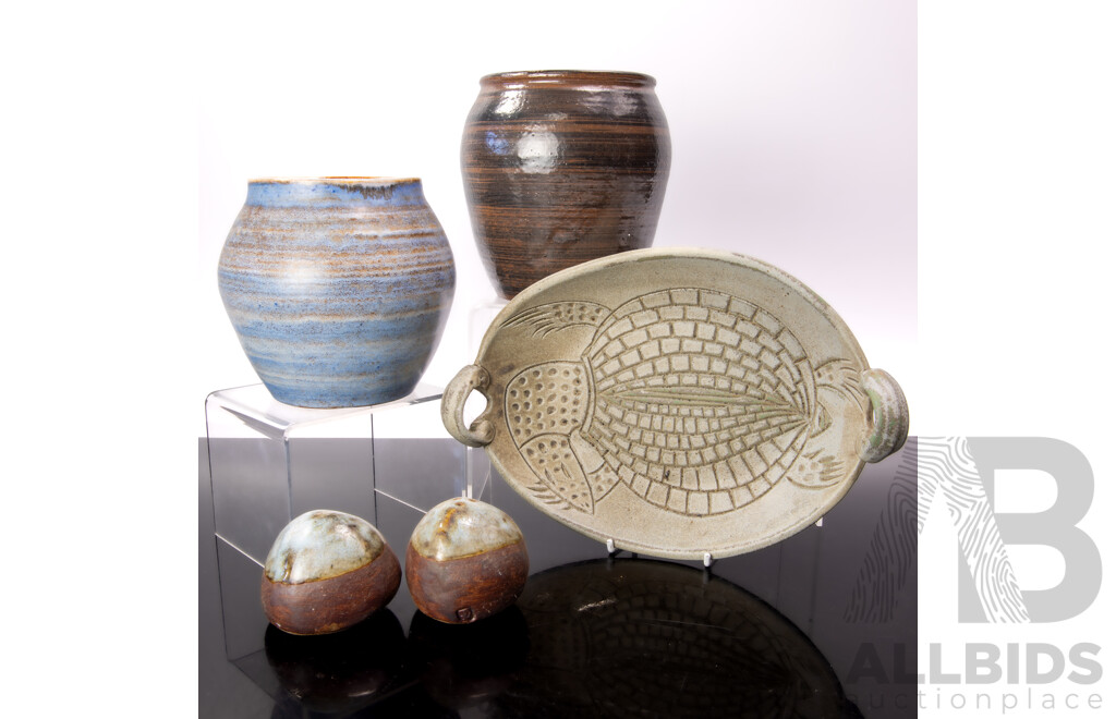 Two Retro Australian Studio Pottery Vases by Goldacre, Dish by David Fraser & Pair S & P Shakers