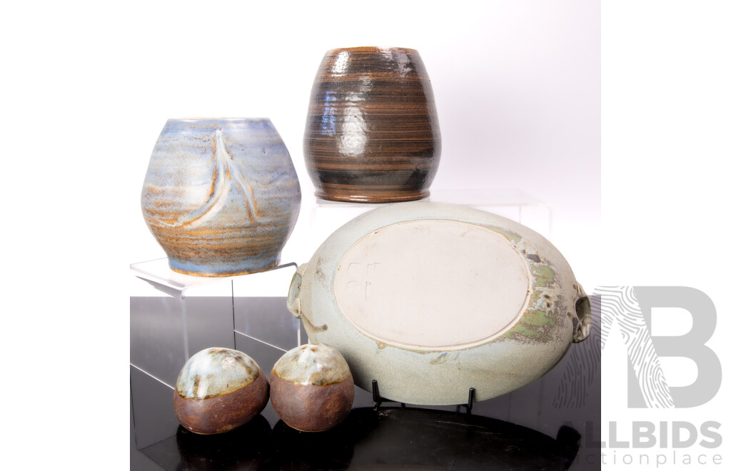 Two Retro Australian Studio Pottery Vases by Goldacre, Dish by David Fraser & Pair S & P Shakers
