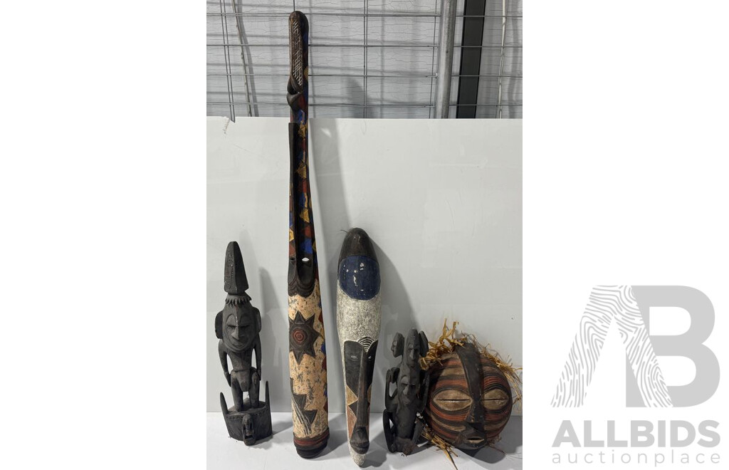 Collection Tribal Wares INcluding PNG Carved Wooden Figure, Long Mask From Mali Africa, Ghana Bakota Slit Eyed Mask and More