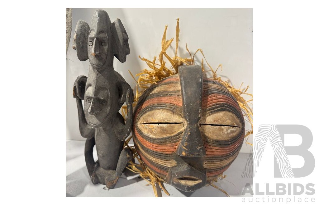 Collection Tribal Wares INcluding PNG Carved Wooden Figure, Long Mask From Mali Africa, Ghana Bakota Slit Eyed Mask and More