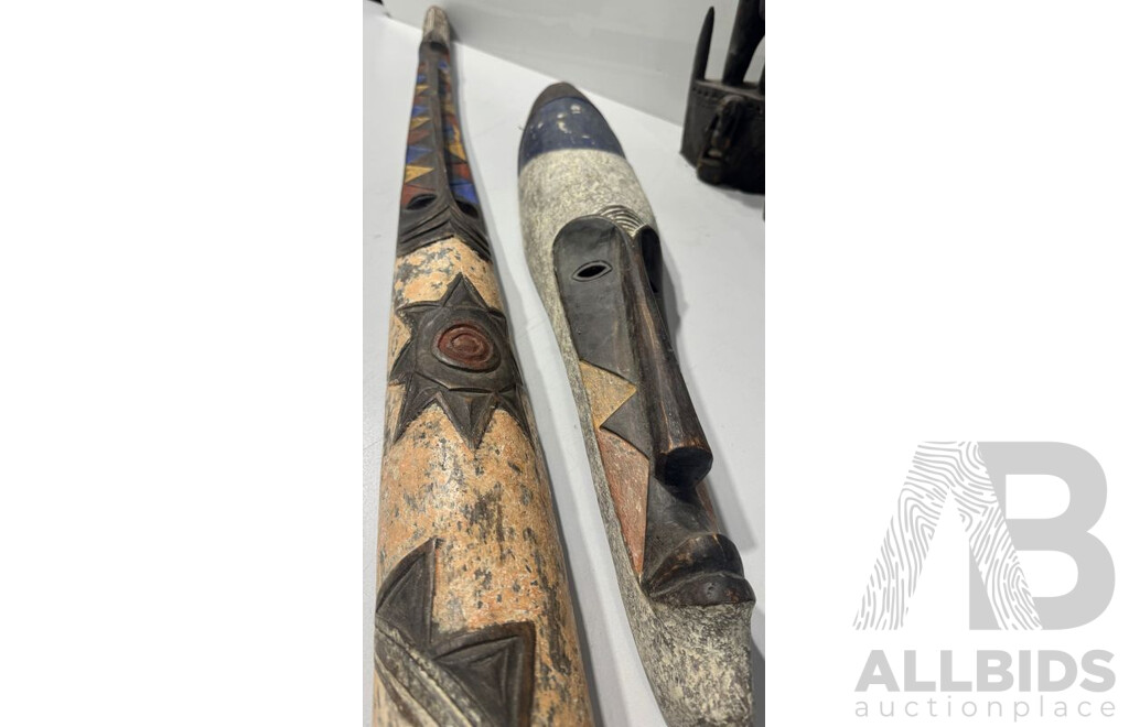 Collection Tribal Wares INcluding PNG Carved Wooden Figure, Long Mask From Mali Africa, Ghana Bakota Slit Eyed Mask and More