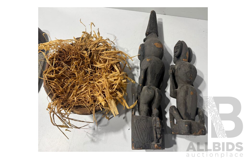 Collection Tribal Wares INcluding PNG Carved Wooden Figure, Long Mask From Mali Africa, Ghana Bakota Slit Eyed Mask and More