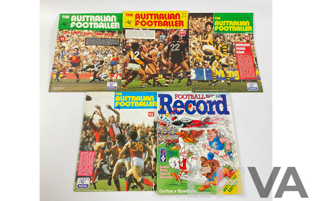 Five Vintage AFL Magazines Including 1986 Football Record and The Australian Footballer 1982/83