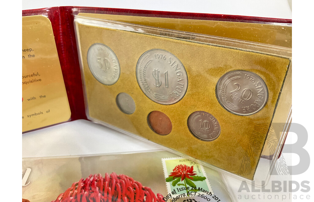 Australian 2014 Floral Emblems PNC, Three Commemorative Fifty Cent Coins 1970, 1977, 1981, Singapore 1976 UNC Coin Set