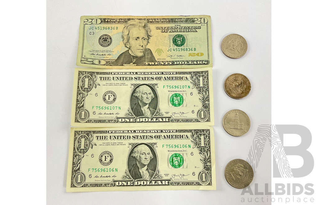 USA 2009 Twenty Dollar Note, Two 2013 One Dollar Notes, Kennedy Half Dollars Including 1964 Silver, 1971, 1972, 1976 Commemorative