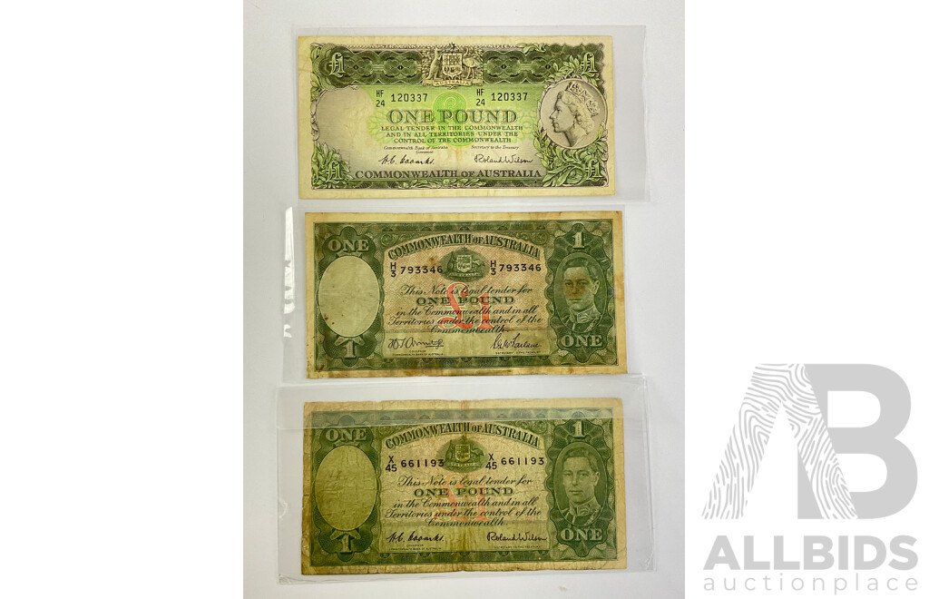 Three Australian One Pound Notes Including 1942 One Pound Armitage/McFarlane, 1952, 1953 Coombs/Wilson,