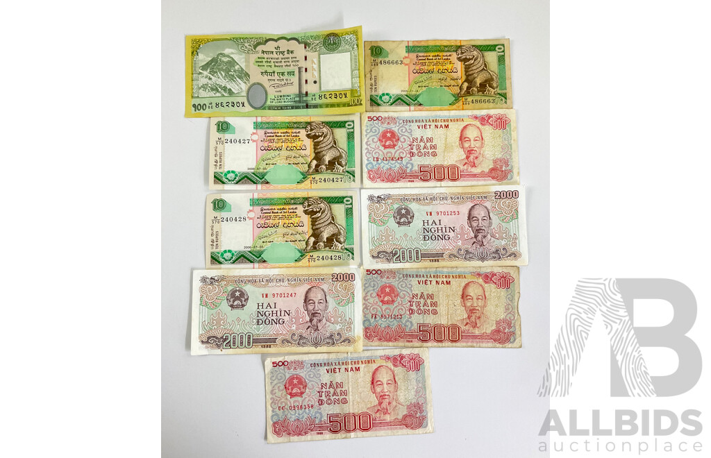 Collection of International Banknotes Including Nepal, Sri Lanka, Vietnam
