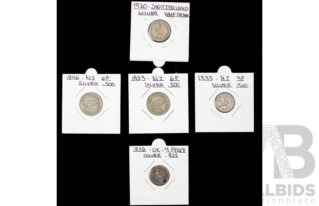 Five International Silver Coins Including UK 1838 Fourpence, Switzerland 1920 Half Franc. New Zealand 1933, 1946 Sixpence, 1933 Threepence