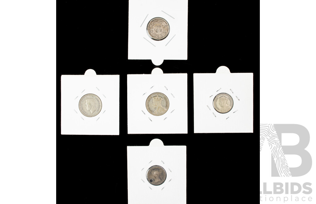 Five International Silver Coins Including UK 1838 Fourpence, Switzerland 1920 Half Franc. New Zealand 1933, 1946 Sixpence, 1933 Threepence