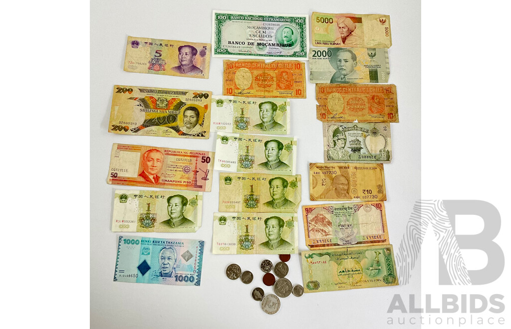 Collection of International Notes and Coins Including China, Tanzania, Chile, Indonesia, India, Philippines
