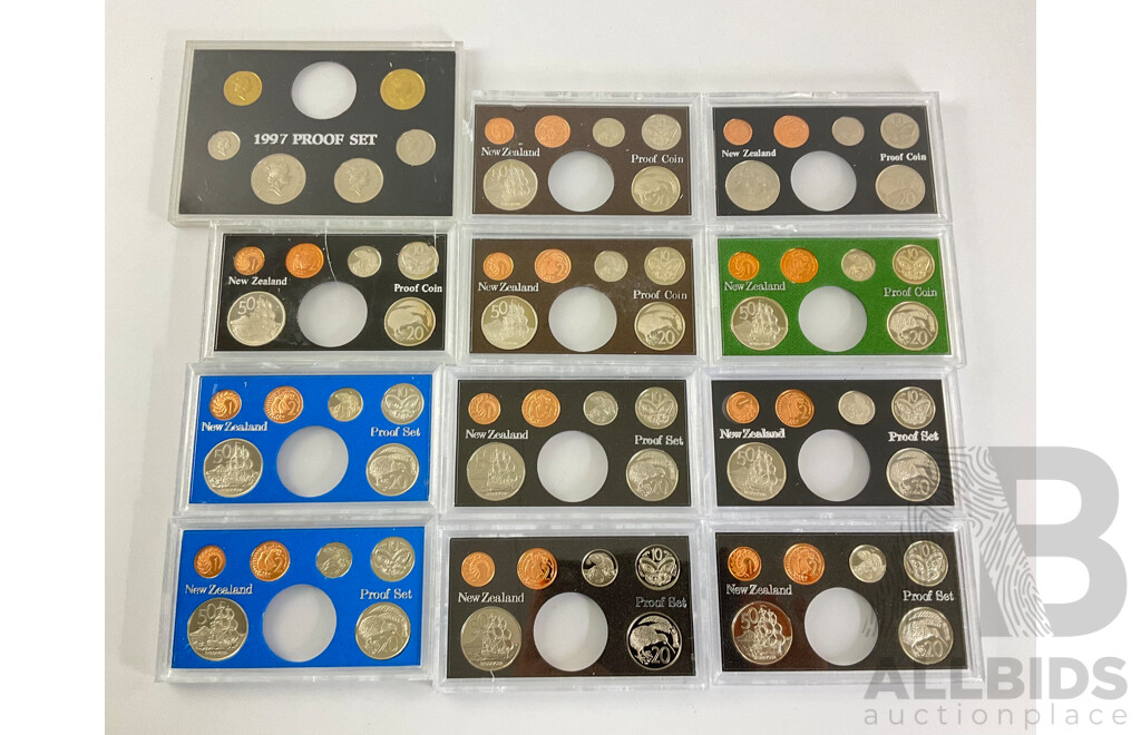 Twelve New Zealand Proof Coin Sets, All Lacking One Dollar Coin, 1976, 1979, 1980, 1981(2) 1982(2) 1984, 1985, 1987(2) 1997