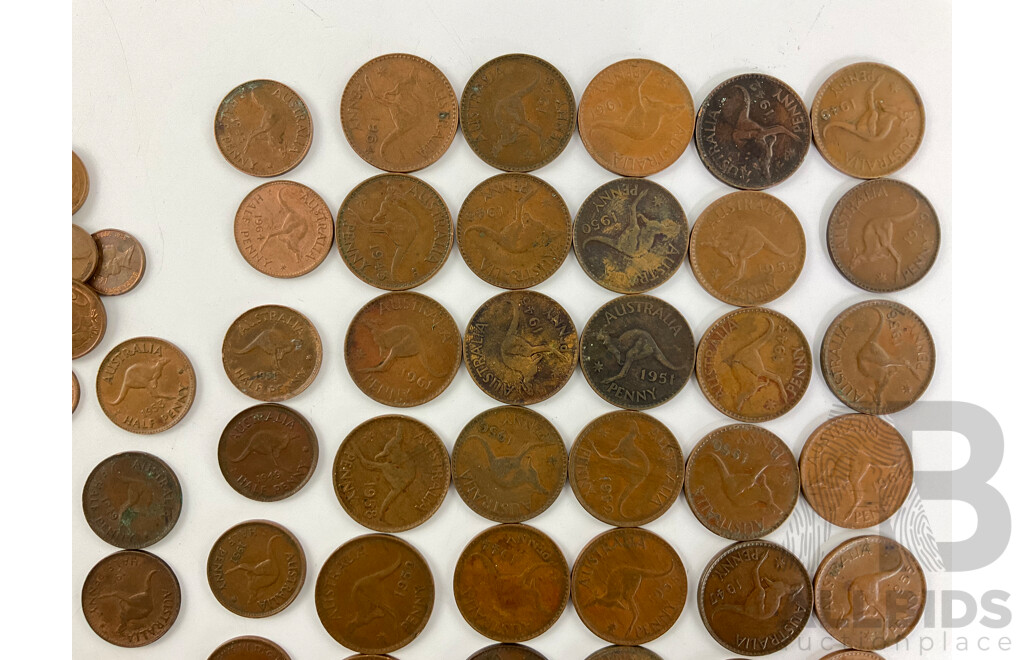 Thirty Five Australian KGVI/QE2 Pennies, Examples Spanning 1938 to 1964, Twelve Pennies Spanning 1943 to 1964 with Collection of One and Two Cent Coins and Players Cigarette Tin