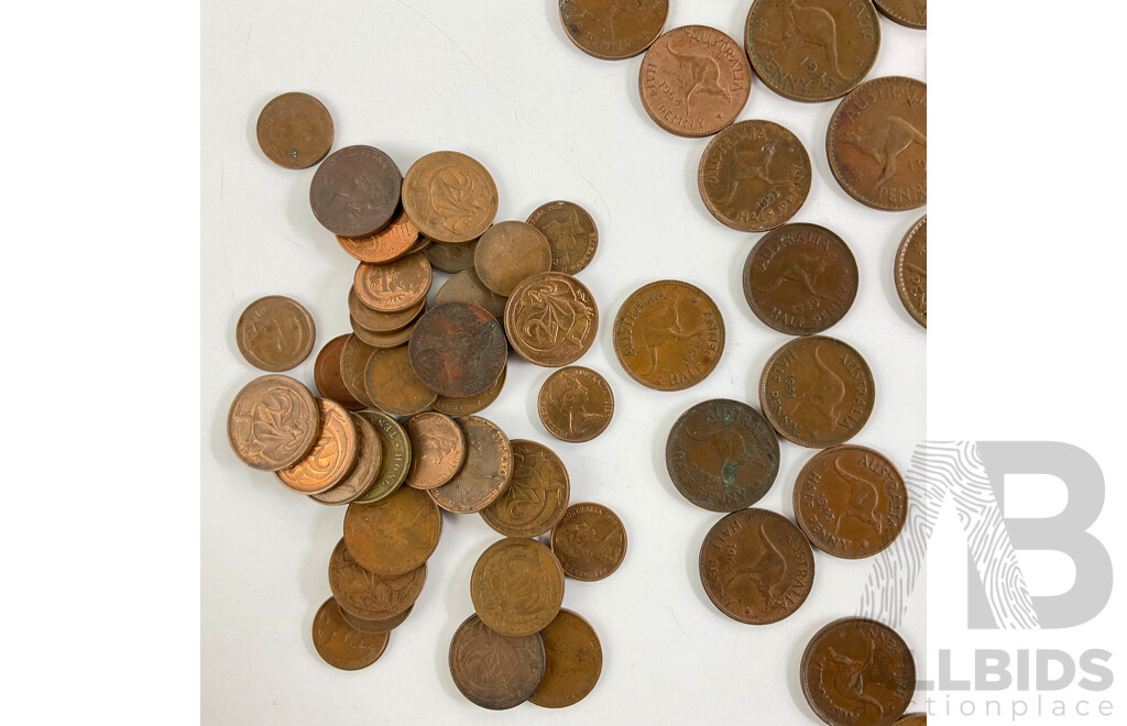 Thirty Five Australian KGVI/QE2 Pennies, Examples Spanning 1938 to 1964, Twelve Pennies Spanning 1943 to 1964 with Collection of One and Two Cent Coins and Players Cigarette Tin