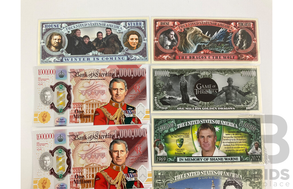 Collection of Novelty Bank Notes Including Donald Trump, Shane Warne, King Charles, Ned Kelly, Zimbabwe
