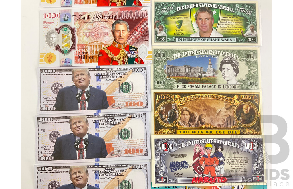 Collection of Novelty Bank Notes Including Donald Trump, Shane Warne, King Charles, Ned Kelly, Zimbabwe
