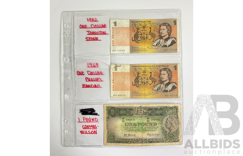 Australian 1961 One Pound Note, Coombs/Wilson with Two One Dollar Notes, Phillips/Randall and Johnston/Stone